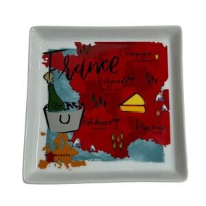 CRATE & BARREL France Wine Map Square Appetizer Plate Ceramic 7in
